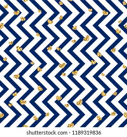 Gold heart seamless pattern. Blue-white geometric zig zag, golden confetti-hearts. Symbol of love, Valentine day holiday. Zigzag design wallpaper, background, texture Vector illustration