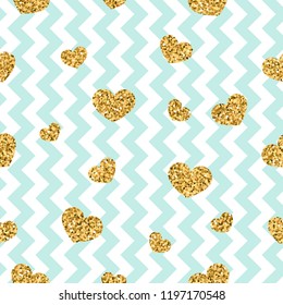Gold heart seamless pattern. Blue-white geometric zig zag, golden confetti-hearts. Symbol of love, Valentine day holiday. Zigzag design wallpaper, background, texture Vector illustration