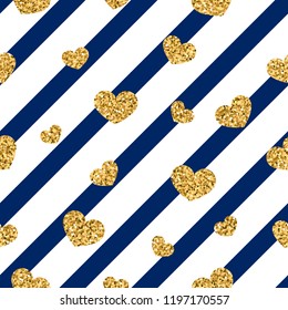 Gold heart seamless pattern. Blue-white geometric stripes, golden confetti-hearts. Symbol of love, Valentine day holiday. Design wallpaper, background, fabric texture Vector illustration