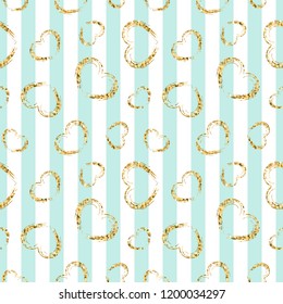 Gold heart seamless pattern. Blue-white geometric stripes, golden grunge confetti-hearts. Symbol of love, Valentine day holiday. Design wallpaper, background, fabric texture Vector illustration
