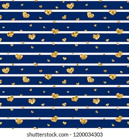 Gold heart seamless pattern. Blue-white geometric stripes, golden confetti-hearts. Symbol of love, Valentine day holiday. Design wallpaper, background, fabric texture Vector illustration