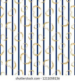 Gold heart seamless pattern. Blue-white geometric stripes, golden grunge confetti-hearts. Symbol of love, Valentine day holiday. Design wallpaper, background, fabric texture Vector illustration