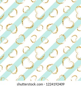 Gold heart seamless pattern. Blue-white geometric stripes, golden grunge confetti-hearts. Symbol of love, Valentine day holiday. Design wallpaper, background, fabric texture Vector illustration