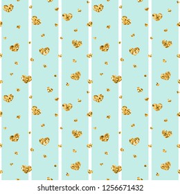 Gold heart seamless pattern. Blue-white geometric stripes, golden confetti-hearts. Symbol of love, Valentine day holiday. Design wallpaper, background, fabric texture Vector illustration