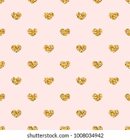 Gold heart seamless pattern. Golden geometric confetti-hearts on pink background. Symbol of love, Valentine day holiday. Design wallpaper, fabric texture Vector illustration