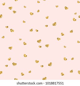 Gold heart seamless pattern. Golden chaotic confetti-hearts on pink background. Symbol of love, Valentine day holiday. Design wallpaper, fabric texture Vector illustration