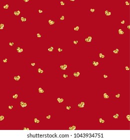 Gold heart seamless pattern. Golden chaotic confetti-hearts on red background. Symbol of love, Valentine day holiday. Design wallpaper, fabric texture Vector illustration