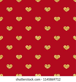 Coração de ouro padrão sem costura. Confetes-corações geométricos dourados sobre fundo vermelho. Símbolo de amor, feriado do dia dos namorados. Design wallpaper, textura de tecido Ilustração vetorial