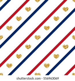 Gold heart seamless pattern. Golden glitter love confetti hearts on white blue red line background. Diagonal stripe. Design Valentine day, wedding wallpaper. Holiday texture Vector illustration