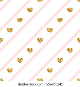 Gold heart seamless pattern. Golden glitter love confetti hearts on white pink line background. Diagonal stripe. Design Valentine day, wedding wallpaper. Modern holiday texture Vector illustration