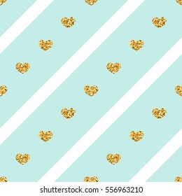 Gold heart seamless pattern. Golden glitter love confetti hearts on white blue line background. Diagonal stripe. Design Valentine day, wedding wallpaper. Modern holiday texture Vector illustration