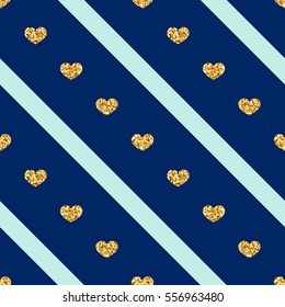 Gold heart seamless pattern. Golden glitter love confetti hearts on blue line background. Diagonal stripe. Design Valentine day, wedding wallpaper. Modern holiday texture Vector illustration