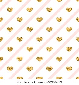 Gold heart seamless pattern. Golden glitter love confetti hearts on white pink line background. Diagonal stripe. Design Valentine day, wedding wallpaper. Modern holiday texture Vector illustration