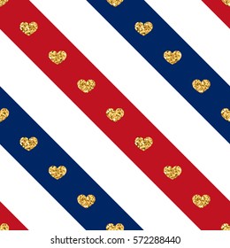 Gold heart seamless pattern. Golden glitter love confetti hearts on white blue red line background. Diagonal stripe. Design Valentine day, wedding wallpaper. Holiday texture Vector illustration