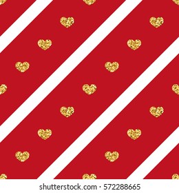 Gold heart seamless pattern. Golden glitter love confetti hearts on white red line background. Diagonal stripe. Design Valentine day, wedding wallpaper. Modern holiday texture Vector illustration