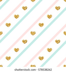 Gold heart seamless pattern. Golden glitter love confetti hearts on white blue pink line background. Diagonal stripe. Design Valentine day, wedding wallpaper. Holiday texture Vector illustration
