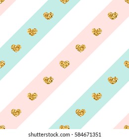 Gold heart seamless pattern. Golden glitter love confetti hearts on white blue pink line background. Diagonal stripe. Design Valentine day, wedding wallpaper. Holiday texture Vector illustration