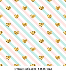 Gold heart seamless pattern. Golden glitter love confetti hearts on white blue pink line background. Diagonal stripe. Design Valentine day, wedding wallpaper. Holiday texture Vector illustration