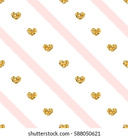 Gold heart seamless pattern. Golden glitter love confetti hearts on white pink line background. Diagonal stripe. Design Valentine day, wedding wallpaper. Modern holiday texture Vector illustration