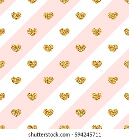 Gold heart seamless pattern. Golden glitter love confetti hearts on white pink line background. Diagonal stripe. Design Valentine day, wedding wallpaper. Modern holiday texture Vector illustration