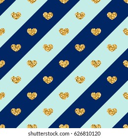 Gold heart seamless pattern. Golden glitter love confetti hearts on white blue line background. Diagonal stripe. Design Valentine day, wedding wallpaper. Modern holiday texture Vector illustration