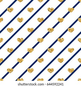 Gold heart seamless pattern. Golden glitter love confetti hearts on white blue line background. Diagonal stripe. Design Valentine day, wedding wallpaper. Modern holiday texture Vector illustration