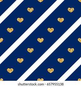 Gold heart seamless pattern. Golden glitter love confetti hearts on white blue line background. Diagonal stripe. Design Valentine day, wedding wallpaper. Modern holiday texture Vector illustration