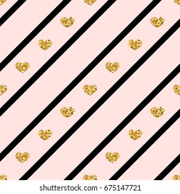 Gold heart seamless pattern. Golden glitter love confetti hearts on black pink line background. Diagonal stripe. Design Valentine day, wedding wallpaper. Modern holiday texture Vector illustration