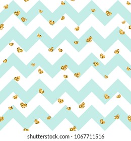 Gold heart seamless pattern. Green-white geometric zig zag, golden confetti-hearts. Symbol of love, Valentine day holiday. Zigzag design wallpaper, background, texture Vector illustration