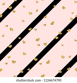 Gold heart seamless pattern. Pink-black geometric stripes, golden confetti-hearts. Symbol of love, Valentine day holiday. Design wallpaper, background, fabric texture Vector illustration