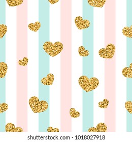 Gold heart seamless pattern. Pink-blue-white geometric stripes, golden confetti-hearts. Symbol of love, Valentine day holiday. Design wallpaper, background, fabric texture Vector illustration