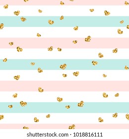 Gold heart seamless pattern. Pink-blue-white geometric stripes, golden confetti-hearts. Symbol of love, Valentine day holiday. Design wallpaper, background, fabric texture Vector illustration