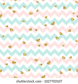 Gold heart seamless pattern. Pink-blue-white geometric zig zag, golden confetti-hearts. Symbol of love, Valentine day holiday. Zigzag design wallpaper, background, texture Vector illustration