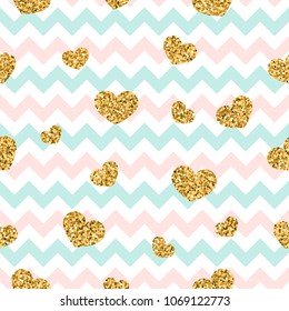 Gold heart seamless pattern. Pink-blue-white geometric zig zag, golden confetti-hearts. Symbol of love, Valentine day holiday. Zigzag design wallpaper, background, texture Vector illustration