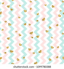 Gold heart seamless pattern. Pink-blue-white geometric zig zag, golden confetti-hearts. Symbol of love, Valentine day holiday. Zigzag design wallpaper, background, texture Vector illustration