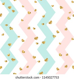 Gold heart seamless pattern. Pink-blue-white geometric zig zag, golden confetti-hearts. Symbol of love, Valentine day holiday. Zigzag design wallpaper, background, texture Vector illustration