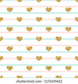 Gold heart seamless pattern. Pink-blue-white geometric stripes, golden confetti-hearts. Symbol of love, Valentine day holiday. Design wallpaper, background, fabric texture Vector illustration