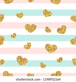 Gold heart seamless pattern. Pink-blue-white geometric stripes, golden confetti-hearts. Symbol of love, Valentine day holiday. Design wallpaper, background, fabric texture Vector illustration