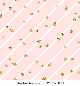 Gold heart seamless pattern. Pink-white geometric stripes, golden confetti-hearts. Symbol of love, Valentine day holiday. Design wallpaper, background, fabric texture Vector illustration