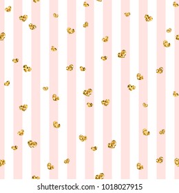 Gold heart seamless pattern. Pink-white geometric stripes, golden confetti-hearts. Symbol of love, Valentine day holiday. Design wallpaper, background, fabric texture Vector illustration