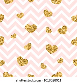 Gold heart seamless pattern. Pink-white geometric zig zag, golden confetti-hearts. Symbol of love, Valentine day holiday. Zigzag design wallpaper, background, texture Vector illustration