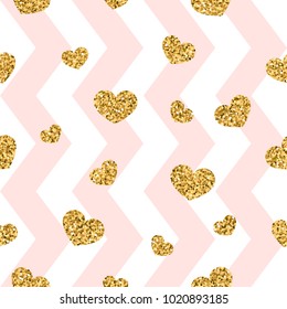 Gold heart seamless pattern. Pink-white geometric zig zag, golden confetti-hearts. Symbol of love, Valentine day holiday. Zigzag design wallpaper, background, texture Vector illustration