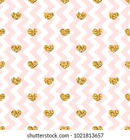 Gold heart seamless pattern. Pink-white geometric zig zag, golden confetti-hearts. Symbol of love, Valentine day holiday. Design wallpaper, background, fabric texture Vector illustration