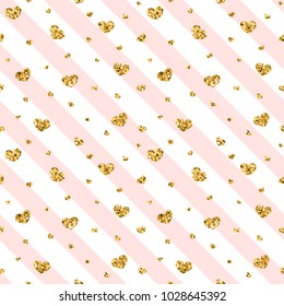Gold heart seamless pattern. Pink-white geometric stripes, golden confetti-hearts. Symbol of love, Valentine day holiday. Design wallpaper, background, fabric texture Vector illustration