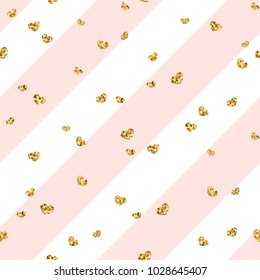 Gold heart seamless pattern. Pink-white geometric stripes, golden confetti-hearts. Symbol of love, Valentine day holiday. Design wallpaper, background, fabric texture Vector illustration