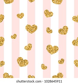 Gold heart seamless pattern. Pink-white geometric stripes, golden confetti-hearts. Symbol of love, Valentine day holiday. Design wallpaper, background, fabric texture Vector illustration