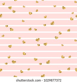 Gold heart seamless pattern. Pink-white geometric stripes, golden confetti-hearts. Symbol of love, Valentine day holiday. Design wallpaper, background, fabric texture Vector illustration