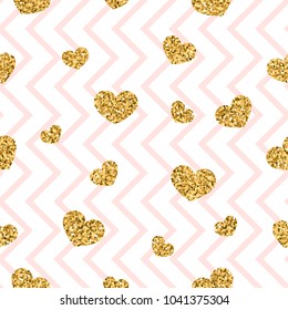 Gold heart seamless pattern. Pink-white geometric zig zag, golden confetti-hearts. Symbol of love, Valentine day holiday. Zigzag design wallpaper, background, texture Vector illustration