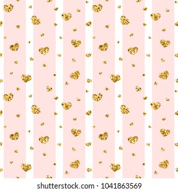 Gold heart seamless pattern. Pink-white geometric stripes, golden confetti-hearts. Symbol of love, Valentine day holiday. Design wallpaper, background, fabric texture Vector illustration