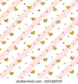 Gold heart seamless pattern. Pink-white geometric stripes, golden confetti-hearts. Symbol of love, Valentine day holiday. Design wallpaper, background, fabric texture Vector illustration